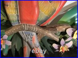 2 Red Parrots Hand Carved In Hibiscus Tree Wood & Metal 40 X 30 X 4 Rare