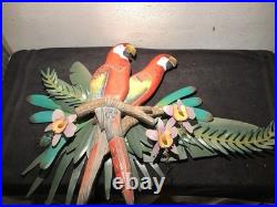 2 Red Parrots Hand Carved In Hibiscus Tree Wood & Metal 40 X 30 X 4 Rare