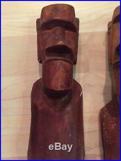 2 Vintage Moai Statue Carved Wood Easter Island Sculpture 1960s Pacific Islands