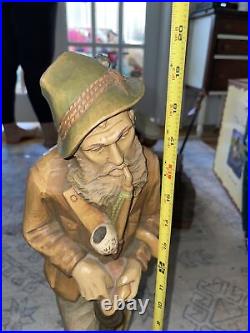 20 Vintage Wood Carving Figure Hand Carved Folk Art Man with Pipe & Hat Rare