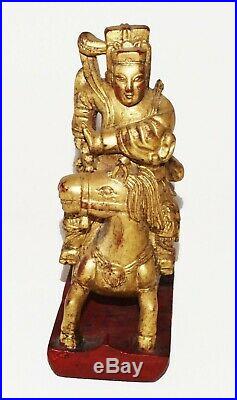 20C Chinese Carved Gilt Wood Deity Marshall Figure on Horseback Sculpture (Cwo)