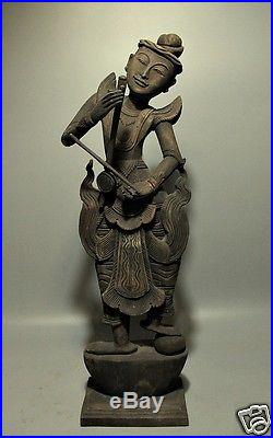 21.5 Carved Teak Wood Sculpture Native Dress Burmese Man Playing Music Figure