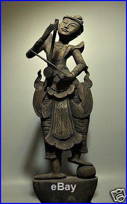 21.5 Carved Teak Wood Sculpture Native Dress Burmese Man Playing Music Figure