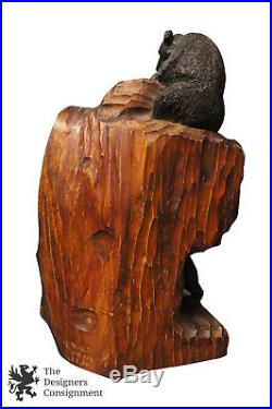 21 Hand Carved Wood Sculpture Three Black Bears in Tree Signed 1963 Mid Cent