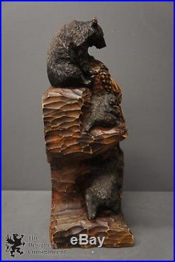 21 Hand Carved Wood Sculpture Three Black Bears in Tree Signed 1963 Mid Cent