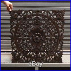 23-inch Square Brown Teak Wood Wall Panel Carved Floral Asian Home Decor