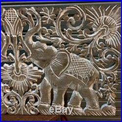 23-inch Teak Wood White Elephants Handcrafted Wood Carving Wall Panel Sculpture