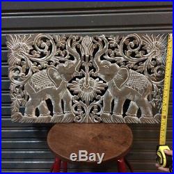 23-inch Teak Wood White Elephants Handcrafted Wood Carving Wall Panel Sculpture