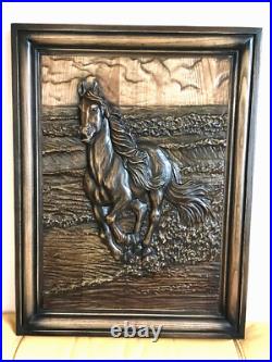 26 Horse Large Wood Carving Picture 3D Art Work Handmad Gift Panno Wall Decor