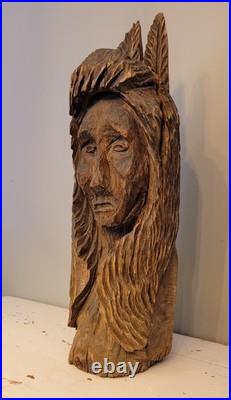 27in Lifesize Bust Native American Indian Wooden Statue Hand Carved Solid Wood