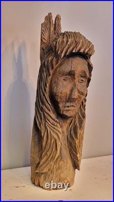 27in Lifesize Bust Native American Indian Wooden Statue Hand Carved Solid Wood