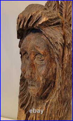 27in Lifesize Bust Native American Indian Wooden Statue Hand Carved Solid Wood