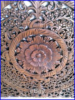 29.5 Stained Lotus Teak Wood Carving Home Wall Panel Mural Home Art Decor gtahy