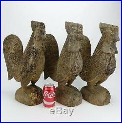 3 Antique Folk Art Primitive Hand Carved Wood Rooster Chicken 19t Sculptures