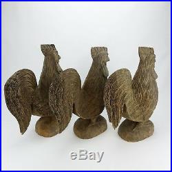 3 Antique Folk Art Primitive Hand Carved Wood Rooster Chicken 19t Sculptures
