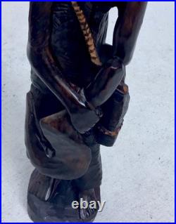 3 FT Hand-Carved African Wooden Sculpture Vintage Folk Art Figure with Tool