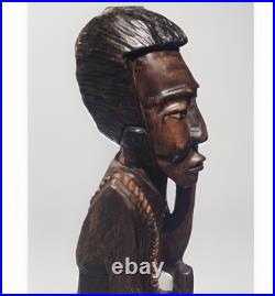 3 FT Hand-Carved African Wooden Sculpture Vintage Folk Art Figure with Tool