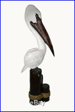 3 Ft Hand Carved Pelican Ocean Bird Wood Sculpture Cottage Tropical Island Art