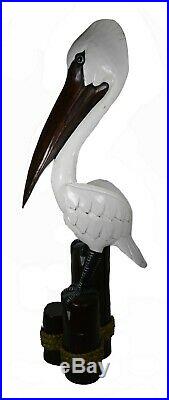 3 Ft Hand Carved Pelican Ocean Bird Wood Sculpture Cottage Tropical Island Art