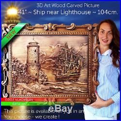 31 24 Ship near Lighthouse Wood Carved 3D picture painting icon sculpture art