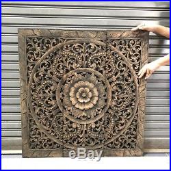 34-inch Black Wash Floral Wood Carving Wall Panel Teak Wood Art Sculptures