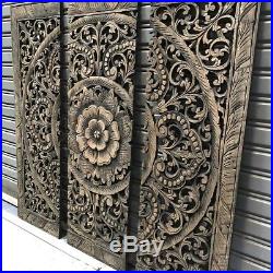 34-inch Black Wash Floral Wood Carving Wall Panel Teak Wood Art Sculptures