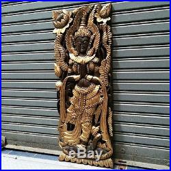 35 Gold-Color Asian Angel Teak Wood Carving Wall Panel Sculpture Home Decor