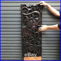 35-inch Elephant Teak Wood Carving Wall Panel Hand Carved Asian Wood Sculpture