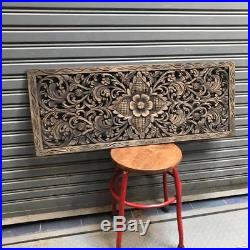 35-inch Teak Wood Black Wash Floral Wood Carving Wall Panel Wall Home Decor