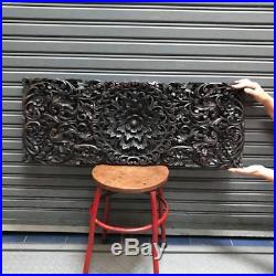 35-inch Teak Wood Carving Wall Panel Floral Carved Asian Wood Sculpture