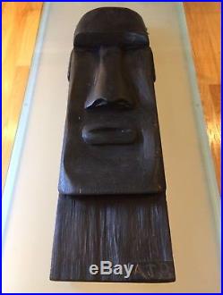 38 Signed Carved Wood Mid Century Easter Island Moai Head Tiki Wall Sculpture