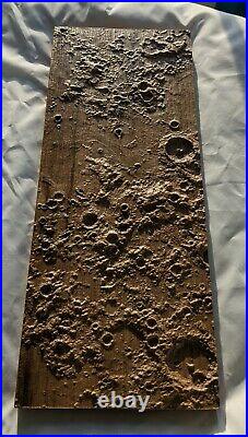 3D CNC wood carving of moon surface in Oak. Apollo 11 landing zone. 20cm x 50cm