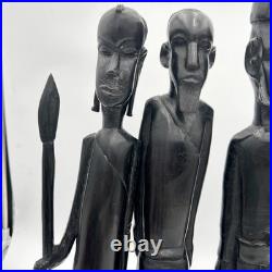 4 African Ebony Wood Sculptures Africa, Hand Carved 19 1/2 To 18 In Tall Heavy