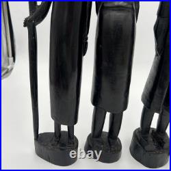 4 African Ebony Wood Sculptures Africa, Hand Carved 19 1/2 To 18 In Tall Heavy