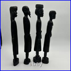 4 African Ebony Wood Sculptures Africa, Hand Carved 19 1/2 To 18 In Tall Heavy