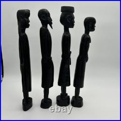 4 African Ebony Wood Sculptures Africa, Hand Carved 19 1/2 To 18 In Tall Heavy
