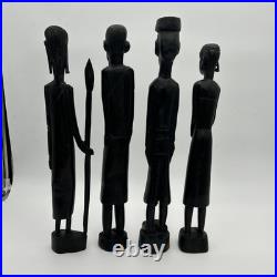 4 African Ebony Wood Sculptures Africa, Hand Carved 19 1/2 To 18 In Tall Heavy