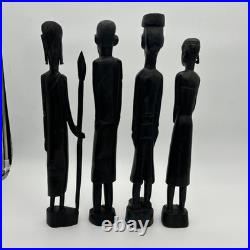 4 African Ebony Wood Sculptures Africa, Hand Carved 19 1/2 To 18 In Tall Heavy