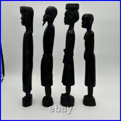 4 African Ebony Wood Sculptures Africa, Hand Carved 19 1/2 To 18 In Tall Heavy