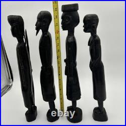 4 African Ebony Wood Sculptures Africa, Hand Carved 19 1/2 To 18 In Tall Heavy