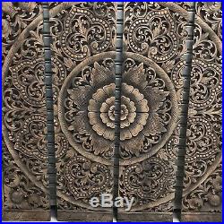 4-Feet Black-Washed Teak Wood Carving Wall Art Panel Floral Bed Headboard