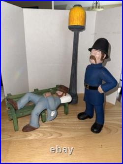 4 Piece Folk Art Wood Carvings Bum On Bench, Lamppost And Cop Free Shipping