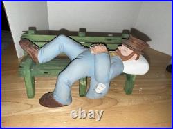 4 Piece Folk Art Wood Carvings Bum On Bench, Lamppost And Cop Free Shipping