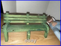 4 Piece Folk Art Wood Carvings Bum On Bench, Lamppost And Cop Free Shipping