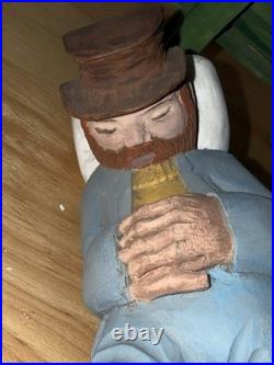 4 Piece Folk Art Wood Carvings Bum On Bench, Lamppost And Cop Free Shipping