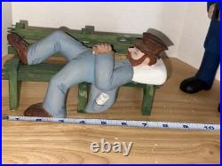 4 Piece Folk Art Wood Carvings Bum On Bench, Lamppost And Cop Free Shipping