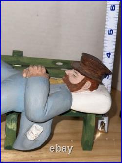 4 Piece Folk Art Wood Carvings Bum On Bench, Lamppost And Cop Free Shipping