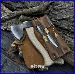 4-Piece Wood Carving Tool Set with Leather Roll Hand Forged Axe