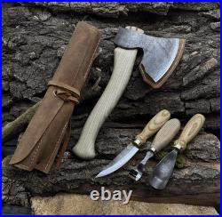 4-Piece Wood Carving Tool Set with Leather Roll Hand Forged Axe