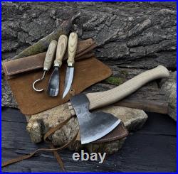 4-Piece Wood Carving Tool Set with Leather Roll Hand Forged Axe